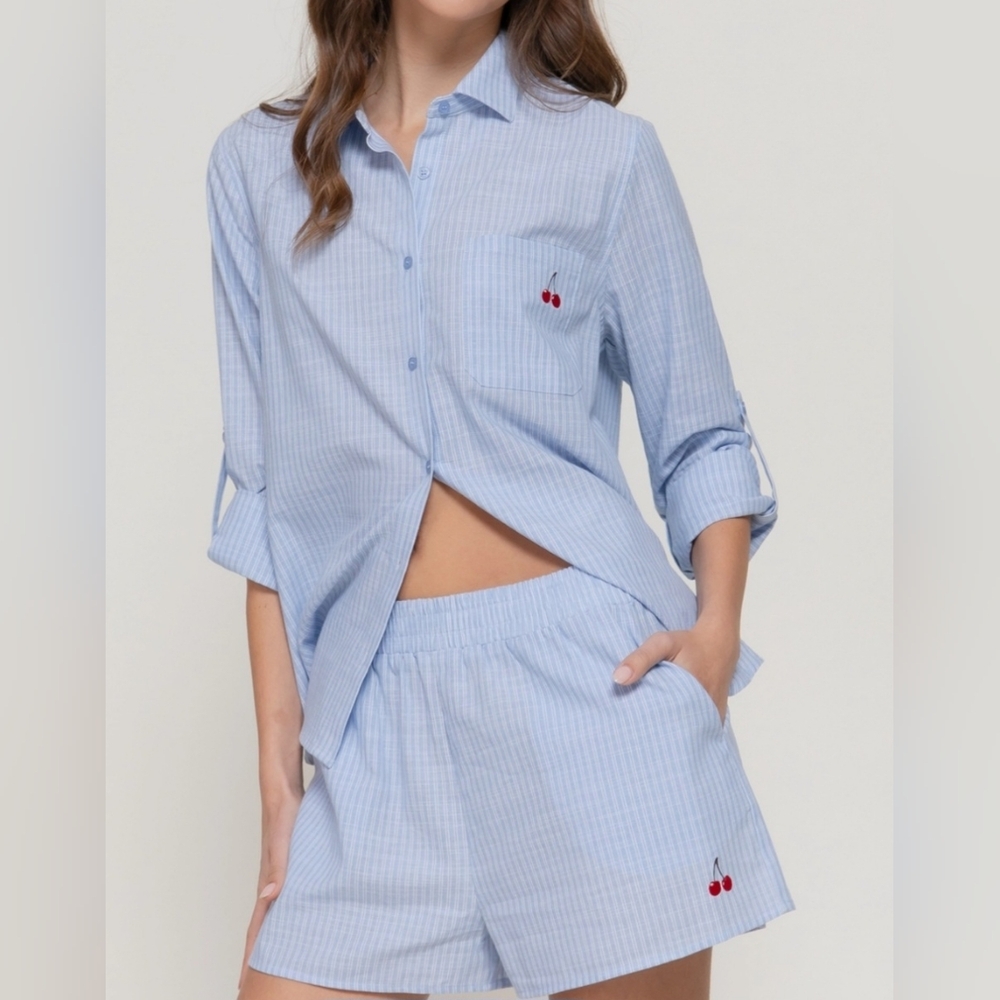 #90393 🛑S,M,L Fabulous Chic Cherries Blue Striped 2pc Set w/ Cherry Embroidery